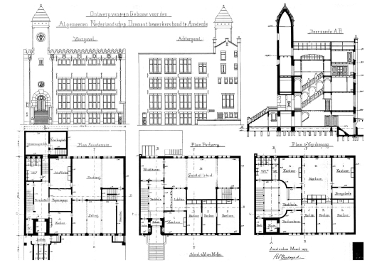 Ontwerptekening van De Burcht met gevelaanzicht en plattegronden.