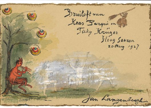 Bruiloftswens voor Kees Parqui en Ticky Krüger, Hoog Soeren, 20 augustus 1927, met Pan spelend op zijn fluit.