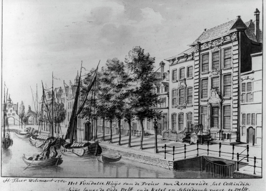 De Fundatie aan de Oude Delft, getekend door T.H. Thier in 1762.