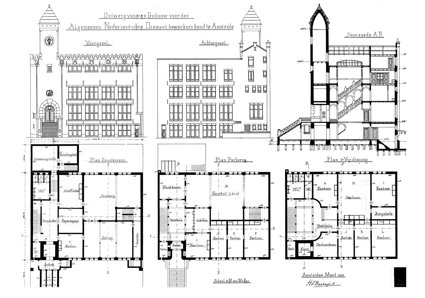 Ontwerptekening van De Burcht met gevelaanzicht en plattegronden.
