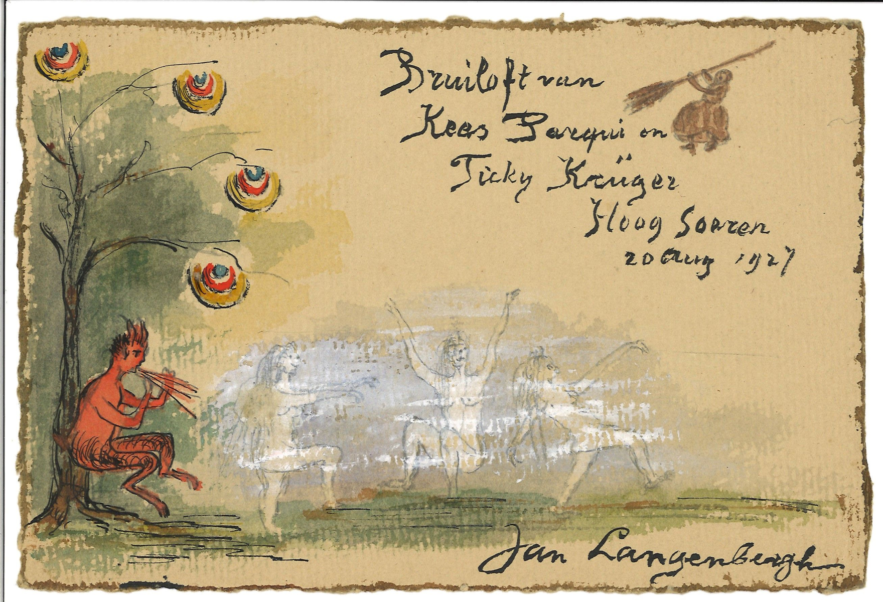 Bruiloftswens voor Kees Parqui en Ticky Krüger, Hoog Soeren, 20 augustus 1927, met Pan spelend op zijn fluit.