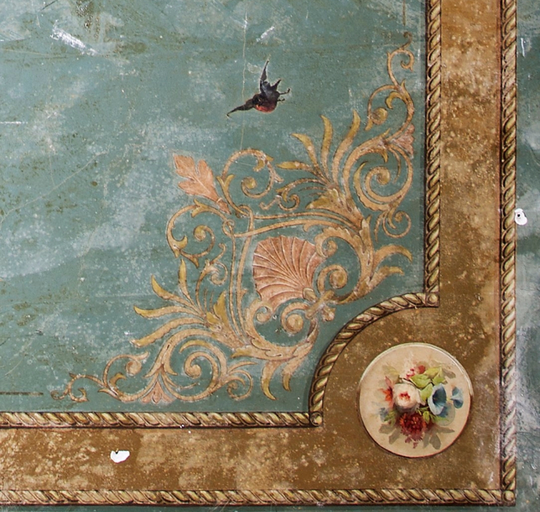 Plafondschildering met florale ornamenten en schelpmotieven uit het winkelinterieur, aangebracht rond 1900.