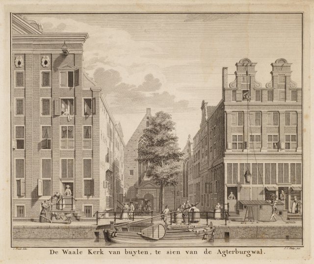 Het Walenpleintje, met links Oudezijds Achterburgwal 155 op een ets van Cornelis Pronk, 1736 (Stadsarchief Amsterdam)